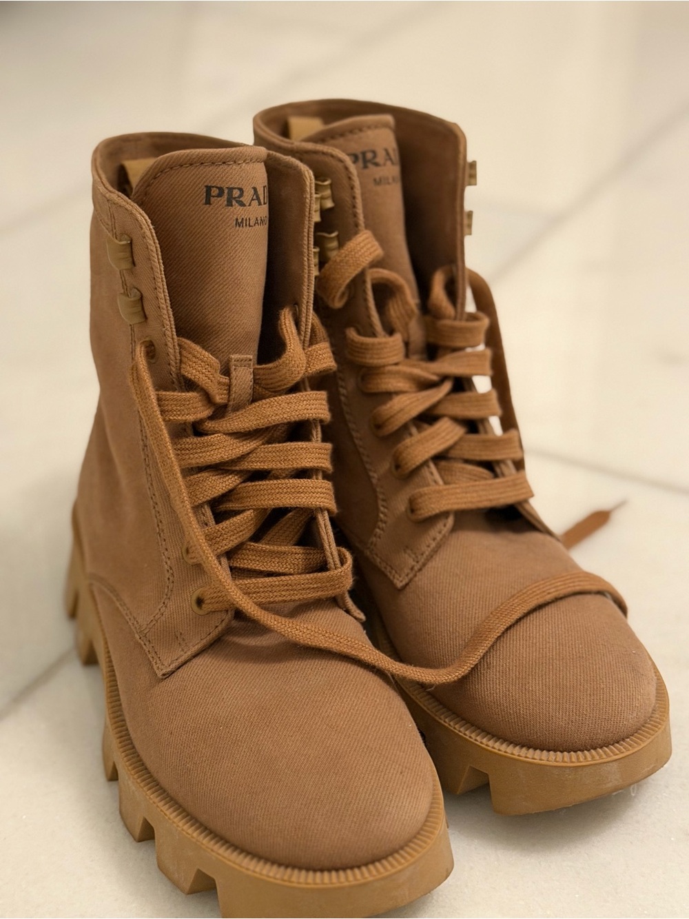 Prada Women’s Brown Canvas Lug-Sole Combat Boots